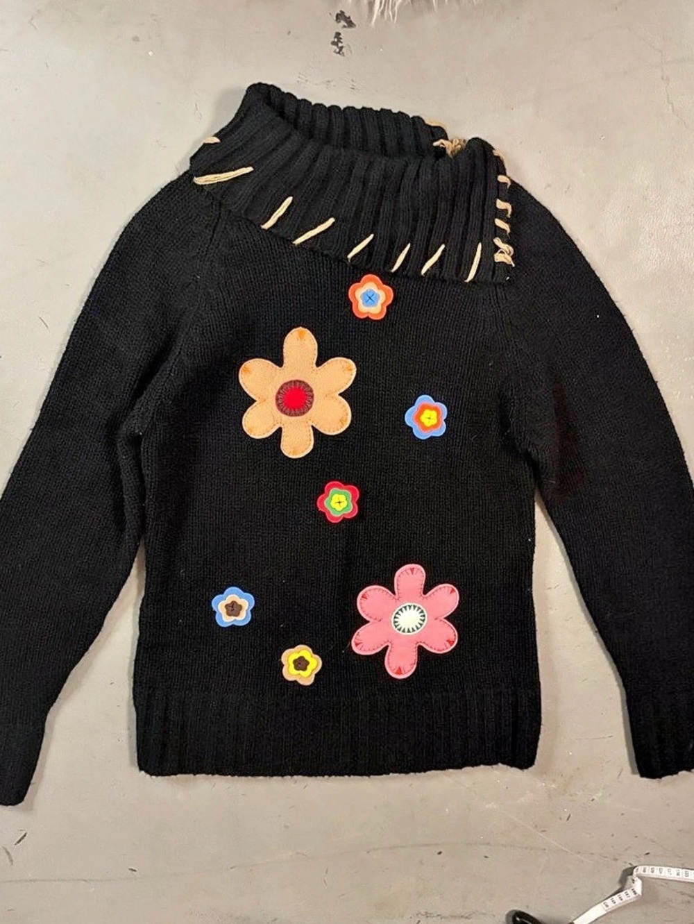 Vintage Garage Black Cowl neck Sweater with flower detail Size Large